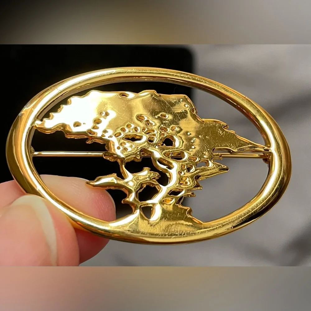 Vintage Lovell Designs Gold Tone Brooch Pin Card Ken Kantro Cypress Tree Signed
